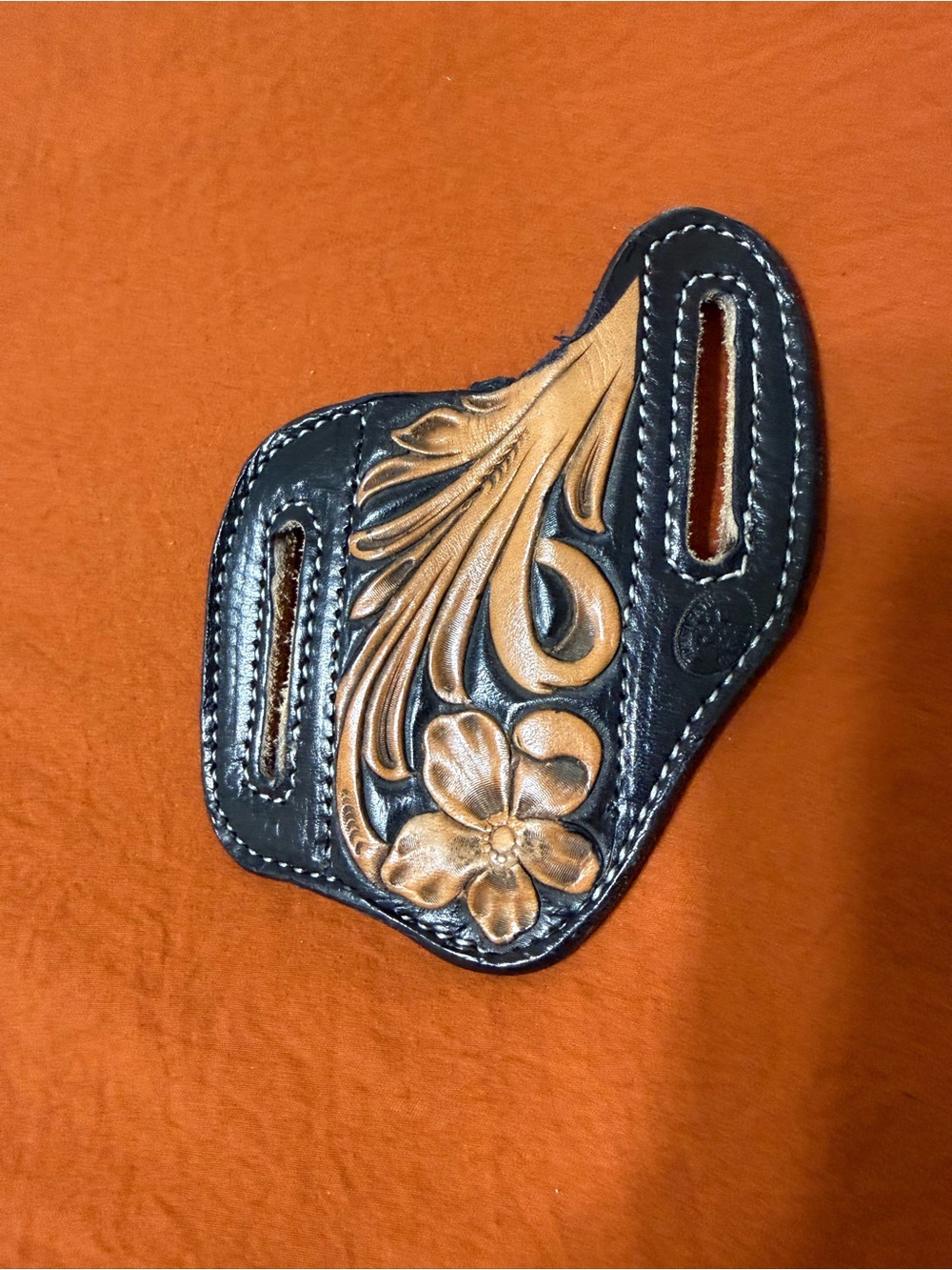 Custom knife sheath. Hand-Tooled Floral Leather Belt Slide - Black and Tan